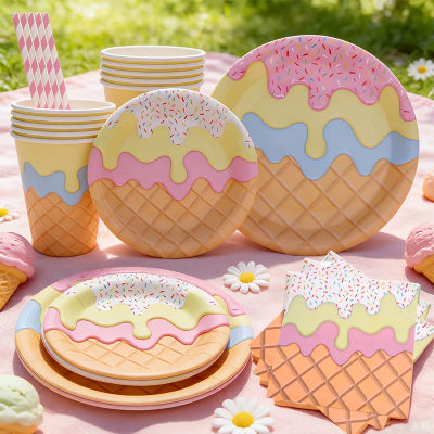 Juego de 60 Artículos para Fiesta Temática de Helados, Kit de Vajilla Desechable para Cumpleaños de Verano, Baby Shower