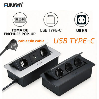 Enchufe Retráctil FUNAYA, Enchufes Integrados para Muebles y Encimeras, Estándar Europeo y Coreano, con Cable de Extensión USB Tipo-C, Tomas de Corriente para Escritorio