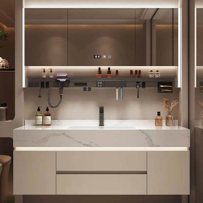 Mueble de Baño Integrado con Lavabo de Pizarra, Organizador de Lavabo, Armario, Tocador, Estantes y Gabinetes