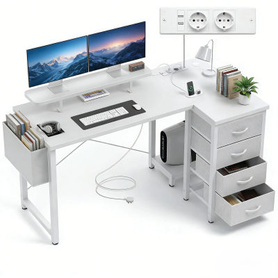 Escritorio en forma de L Claiks con estante para monitor para oficina, escritorio en forma de L con enchufe y cajones de tela