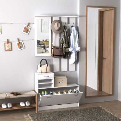 HOMCOM - Mueble de entrada 3 en 1 con perchero, espejo y banco para zapatos, 6 ganchos y estante ajustable, color blanco