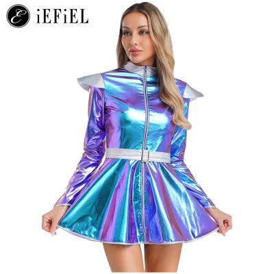Disfraz de astronauta alienígena para mujer, disfraz de Robot alienígena metálico de manga larga con cremallera, vestido de baile de línea A para fiesta de Club temático