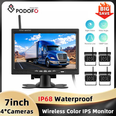 Monitor de coche Podofo de 7'' con cámaras duales/cuádruples, monitor de reversa con función BSD, antiinterferencias, impermeable IP68, visión nocturna, cámara de reversa inalámbrica.