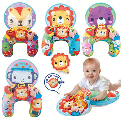Almohada para el tiempo boca abajo del bebé con sonajeros, colchoneta multifuncional para gatear y gimnasio de juegos para bebés, con soporte de animales de dibujos animados coloridos