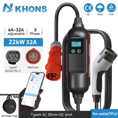 Khons EV Cargador portátil Type2 22kw EV Cargador 32A 5m TPU Cable Evse Carga Wallbox Control de aplicaciones móviles IP65