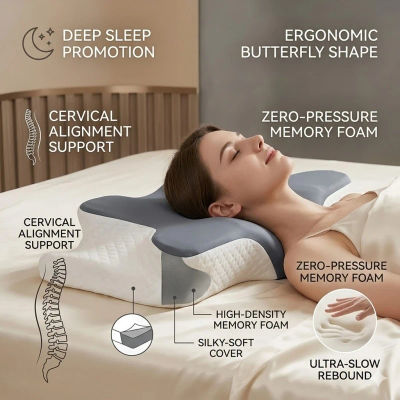 Almohada de Espuma Viscoelástica de Color Sólido 2026, Almohada de Forma Especial de Mariposa con Cuernos, Almohada de Rebote Lento para Protección del Cuello, Color Gris