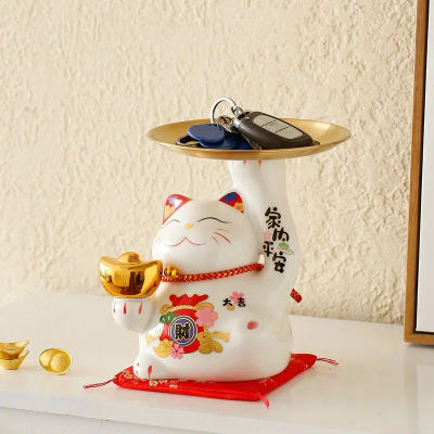Gato de la suerte de cerámica con bandeja de almacenamiento, estatuas de gato Maneki Neko, esculturas, llavero, estatuilla moderna para mueble de TV, decoración del hogar