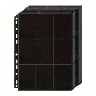 Paquete de 10 carpetas de tarjetas comerciales A4 de 9 bolsillos, color negro, billetera de almacenamiento de páginas, bolsillos de carga lateral de doble cara para 180 tarjetas de juego.