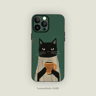 Striped Shirt Coffee Cat Phone Case Black Silicone Matte Phone Case For Iphone 17 Air 16 15 14 13 12 11 Pro Max TPU Soft Case