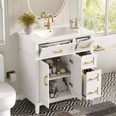Mueble de Baño con Lavabo de Cerámica, Gabinete de MDF con Cajones de Cierre Suave y Protección Contra Desbordamiento, 76x46.5x86cm