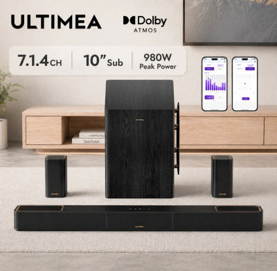 Sistema de Sonido ULTIMEA 7.1.4ch, Barra de Sonido con Dolby Atmos y Control por Aplicación, Sistema de Sonido Envolvente con Subwoofer y 2 Altavoces Traseros Inalámbricos