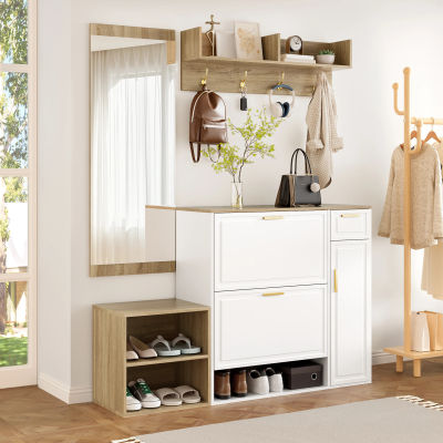 Conjunto de muebles para recibidor con zapatero, banco, panel de pared y espejo – 139,5×35×166 cm – blanco natural