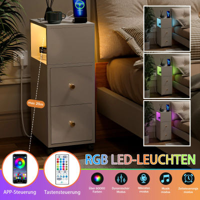 Mesa auxiliar moderna con 2 cajones, mesita de noche de madera con estación de carga de luz, tira de luz Bluetooth para dormitorio, enchufe europeo