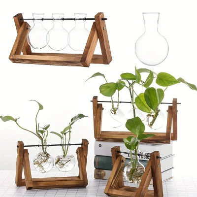 Maceta de vidrio de mesa, estación de propagación, jarrones de plantas hidropónicas en estante de madera, terrario para plantas, decoración del hogar y habitación