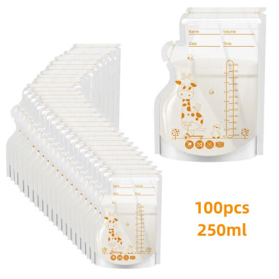 Bolsa de almacenamiento de leche materna, 250ml, 100 Uds., contenedores de almacenamiento de alimentos para bebés de pie, bolsas para congelador de leche sin fugas, alimentación segura sin BPA