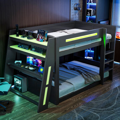 Cama litera moderna de madera para juegos, 140x200cm, cama alta multifuncional con escritorio, puerto USB y luz LED, muebles para adolescentes