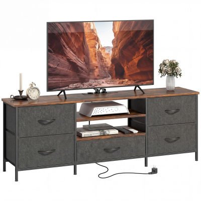 Mueble para TV HOMCOM de 140 cm, soporte para televisores de hasta 65 pulgadas, estación de carga, 5 cajones de tela, estantes abiertos y estructura de acero, mueble para TV para la sala de estar o