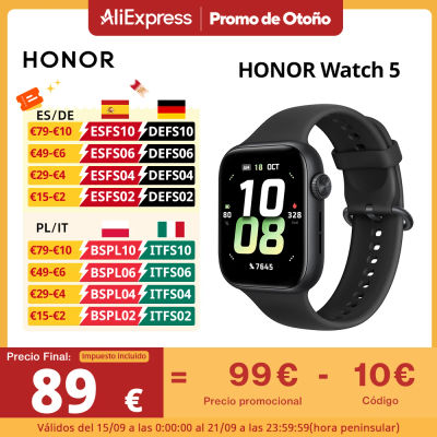 Versión Global HONOR Watch 5 Smartwatch Seguimiento GPS preciso Escaneo rápido de salud Pantalla grande de 1,85 pulgadas Batería de larga duración de hasta 15 días Compatible con GPS IP68