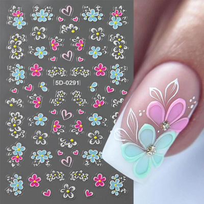Pegatinas 5D para Uñas con Diseño Floral Rosa y Azul, Pétalos, Hojas y Plantas en Relieve, Calcomanías para Uñas con Diseño de Flores de Primavera y Verano para Suministros de Manicura DIY