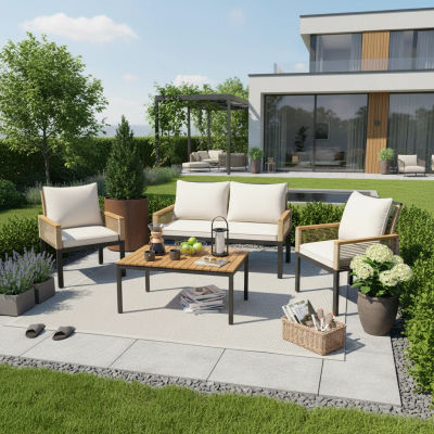 Conjunto de Muebles de Jardín, con Cómoda Almohada, Sofá Doble, 2 Sillas y Mesa, para Exteriores, de Ratán