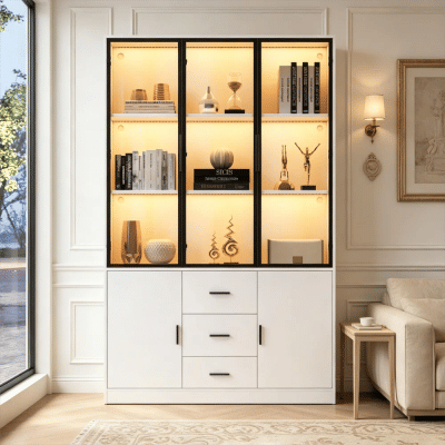 Vitrina alta blanca con puertas de vidrio, estantería de almacenamiento grande de múltiples niveles, vitrina de colección, 3 cajones más puertas de gabinete, mueble independiente a prueba de polvo,