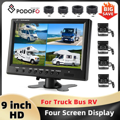 Monitor de coche Podofo de 12V-35V y 9'' con pantalla cuádruple dividida, IP66 a prueba de agua, para salpicadero, con cuatro cámaras de visión trasera para autobús.