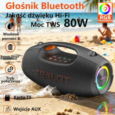 Altavoz Inalámbrico Portátil ZEALOT-S86, Altavoz Bluetooth de 80W para Camping, Altavoz de Larga Duración con 20 Horas de Reproducción, Resistente al Agua IPX6, Sonido de 360 Grados, Altavoz de Playa