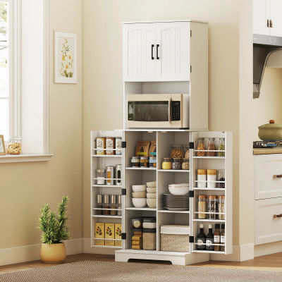 Aparador alto de cocina, mueble con 4 puertas, encimera con 8 especieros y estantes ajustables 60x40x181.5cm blanco
