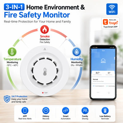Detector de Humo WiFi 3 en 1 con Monitor de Temperatura y Humedad, Aplicación Tuya Smart Life, Uso Compartido Familiar, Control Multidispositivo