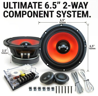 Kit de 2 Altavoces de Audio para Auto de 6.5 Pulgadas de Alta Potencia, Sistema de 2 Vías con Woofer de Medios-Bajos, Tweeter y Red de Crossover, Potencia Pico de 220W