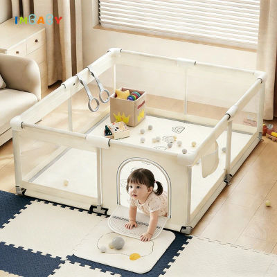 IMBABY Corralito de seguridad mejorado para bebés con anillo de tracción | Parque Infantil Interior con Piscina de Pelotas y Valla para Niños de 6 Meses a 6 Años | Barandilla de Seguridad para