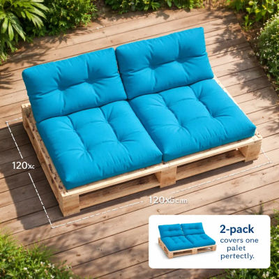 Juego de 2 Cojines para Muebles de Jardín, 1 Cojín de Asiento + 1 Cojín de Respaldo, Cojines de Tela Azul con Relleno de Fibra Hueca para Patio, Balcón y Uso Interior
