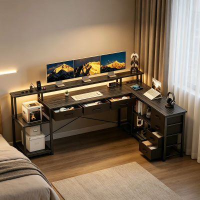 Escritorio para computadora en forma de L con soporte para monitor, luz LED, enchufes, 7 cajones y estantes, escritorio esquinero para juegos y oficina en casa, marrón/beige/gris