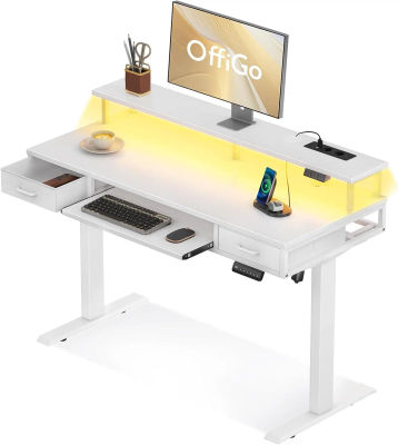 OffiGo Escritorio Elevable con Cajones, Mesa Elevable Escritorio con Bandeja para Teclado, Mesa Regulable Altura con Soporte para Monitor, Standing Desk con Enchufes y LED Luz, 120cm, Blanco