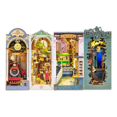 Robotime Rolife-Nook para libros, muebles para casa de muñecas DIY, 4 tipos de sujetalibros, Kit de modelo con luz LED para decoración de inserción de estantería