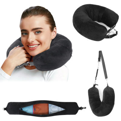 Almohada de viaje para el cuello con ropa rellenable, funda de almohada en forma de U, bolsa de almacenamiento adicional, funda de almohada de terciopelo para viajes en avión
