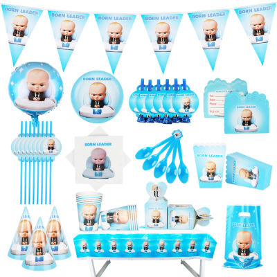 Nuevo Baby Boss, decoración de globos para fiesta de cumpleaños favorita del niño, vajilla desechable, estante para pastel de fondo con regalo de mano