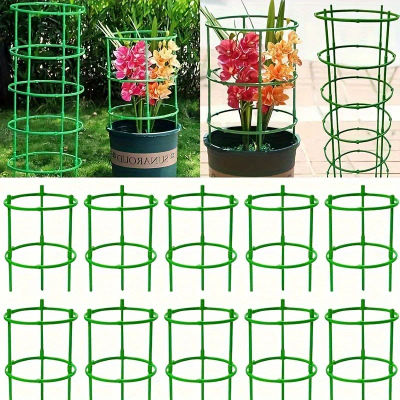 60 anillos de plástico apilables para soporte de plantas, estacas de jardín de 10 niveles para trepar flores, enredaderas y verduras | Verde duradero
