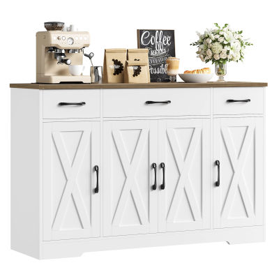 Aparador, Mueble de Almacenamiento de 140 cm con 4 Puertas Corredizas y 3 Cajones