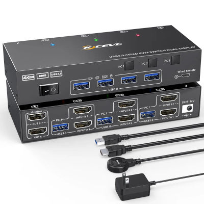 Interruptor KVM de doble Monitor, dispositivo con USB 3,0, HDMI, emulador EDID, 4K @ 60Hz 2K @ 144Hz con 4 puertos USB 3,0, 3 monitores