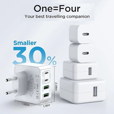 Cargador USB C de 40W y 4 puertos, cargador rápido con enchufe USBC, adaptador PD + QC tipo C de doble puerto de CA para teléfono, iPad, Samsung Galaxy, 1 ud.