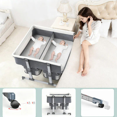 Moisés para gemelos con malla transpirable, ruedas y almacenamiento: cama lateral para dos bebés