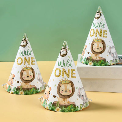 Sombrero de papel de animales de la selva para niños, decoraciones de fiesta de primer cumpleaños, bosque salvaje, suministros para Baby Shower