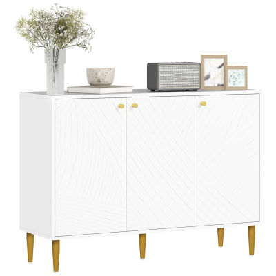 HOMCOM Buffet, mueble de almacenaje, con 2 armarios, estantes regulables, 3 puertas con líneas talladas, patas de acero doradas, blan