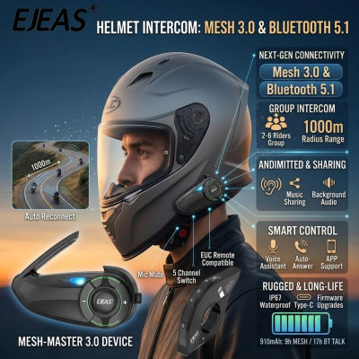 Intercomunicador para casco de motocicleta EJEAS Q8, sistema de intercomunicación Bluetooth 5.1 con controlador universal EUC, tecnología Mesh3.0 IP67, altavoces para casco, sistema de