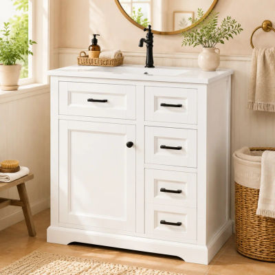 76 x 47 x 82 cm; Mueble lavabo de pie; Superficie pintada; Puerta con función de cierre suave; Cajones laterales de doble capa; Lavabo cerámico integrado; Estante de almacenamiento tipo puerta;