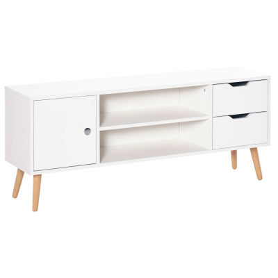 Mueble para TV HOMCOM, Estilo Escandinavo, con 2 Compartimentos Abiertos, 2 Cajones, Gestión de Cables, Tablero de Partículas, Blanco, Madera Pin