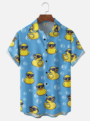 Gafas de sol con estampado 3D para hombre, camisa de manga corta con estampado de pato, top informal con cuello abotonado para vacaciones en la playa y verano
