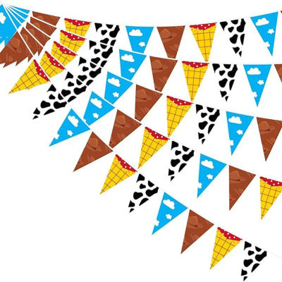 Guirnalda de Banderines Triangulares con Diseño de Vacas y Nubes, Inspirada en Dibujos Animados, para Decoración de Fiestas, Artículos para Baby Shower de Niños