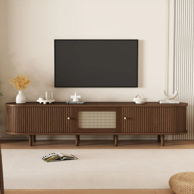 Mueble para TV ovalado escandinavo de nogal oscuro, diseño de ratán - Diseño de MDF de 180 cm, pies ajustables, capacidad de carga de 30 kg